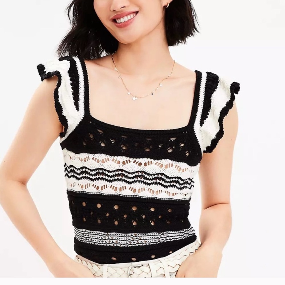 LOFT Black & White Crochet Ruffle Top